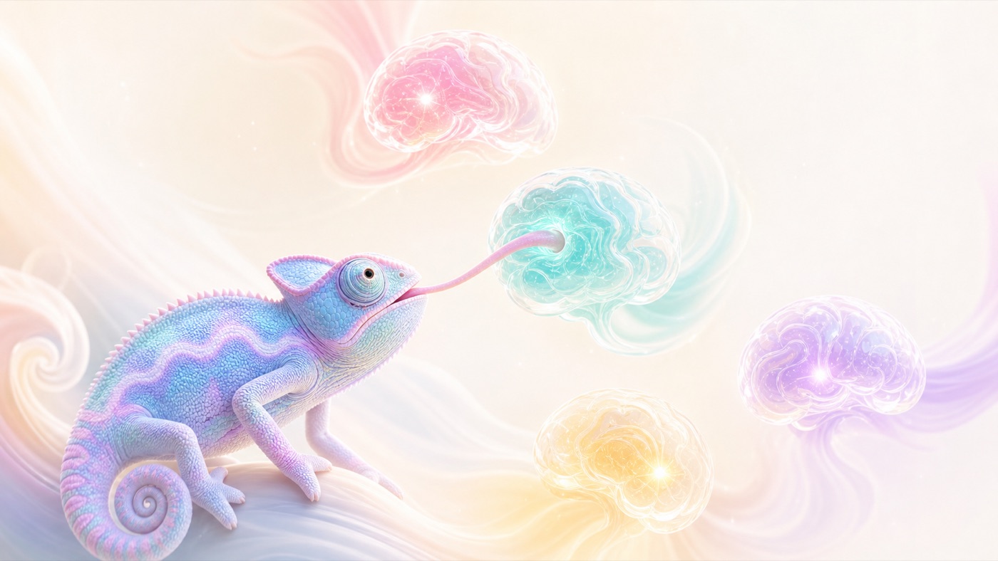 Launch-page hero: a pastel chameleon catches a glowing plasma brain with its tongue, more brains drifting behind
