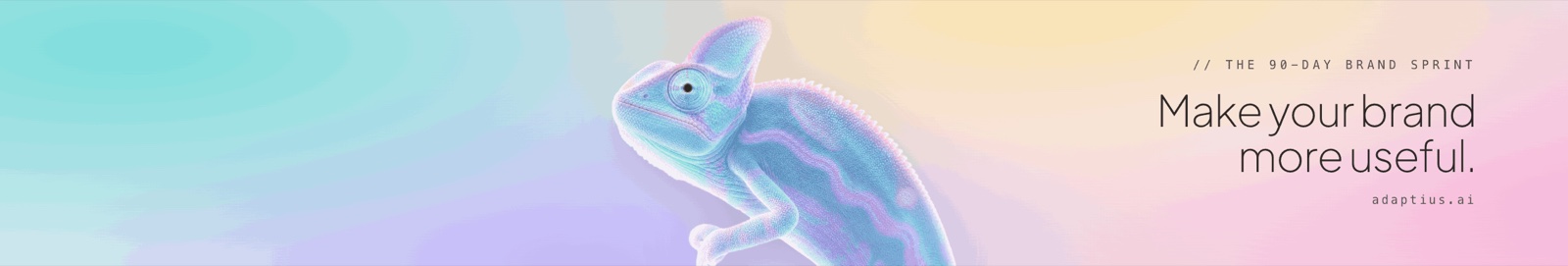 LinkedIn banner: a luminous chameleon on a plasma field with the line Make your brand more useful and adaptius.ai